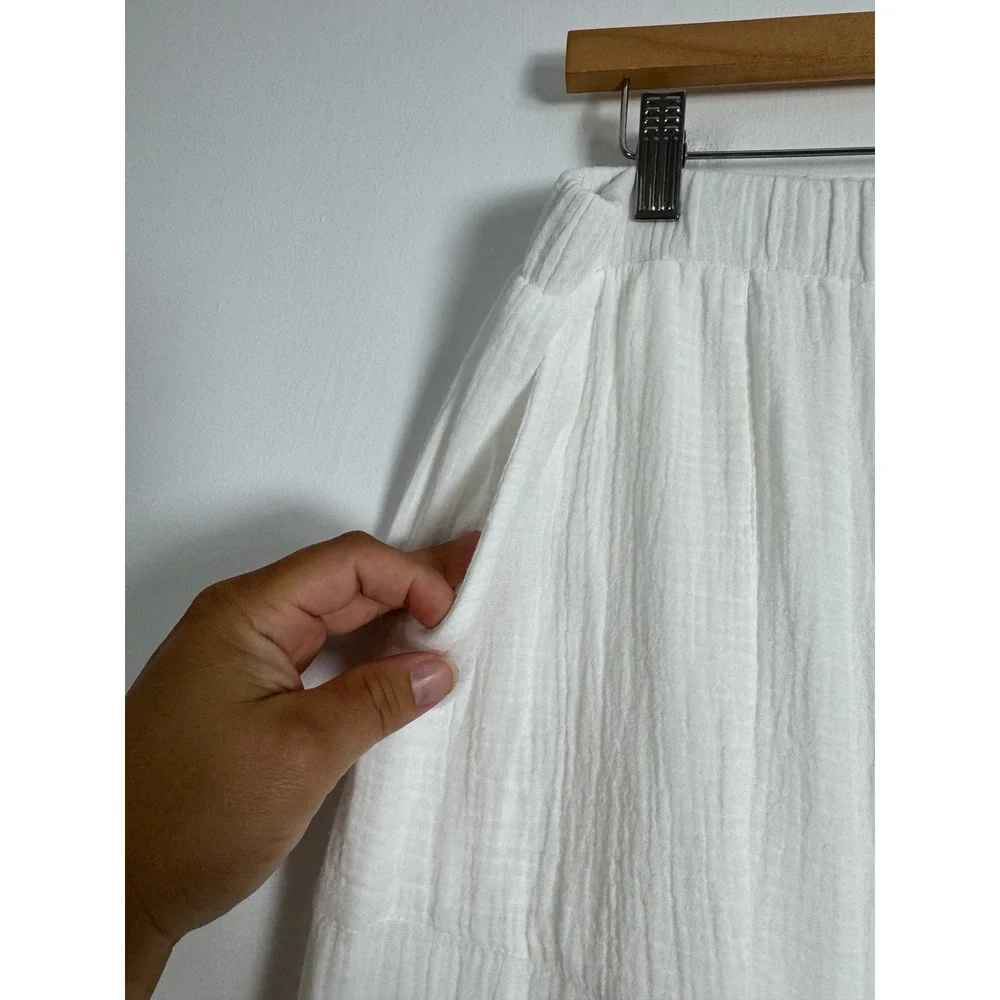 Boho Japna Womens Large Lounge Pants White Cotton Gauze Tassel Wide Leg Cropped